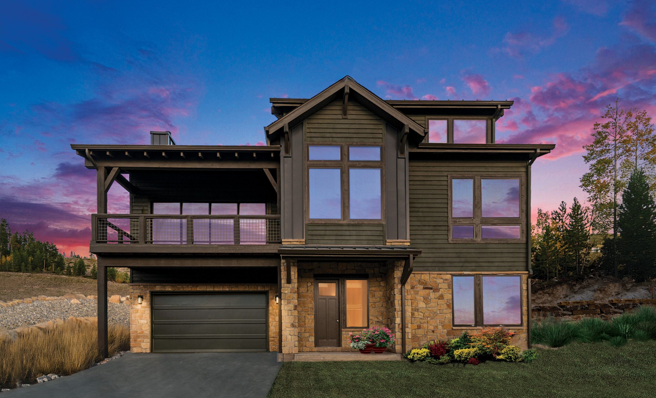 Modern house with large windows during sunset, surrounded by nature