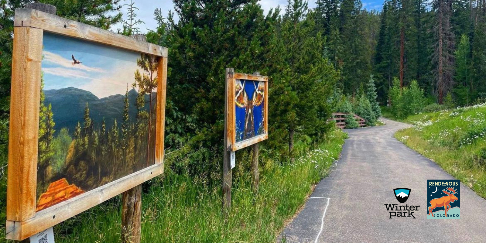 Winter Park logo, Rendezvous Colorado logo, scenic outdoor trail with paintings