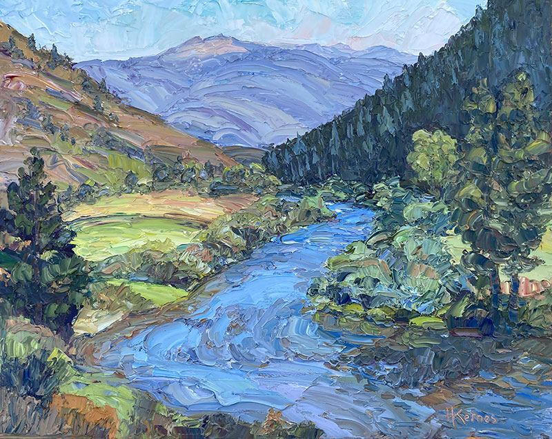 Landscape painting of a river with mountains and trees.