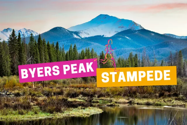 BYERS PEAK STAMPEDE overlaid on a mountain landscape