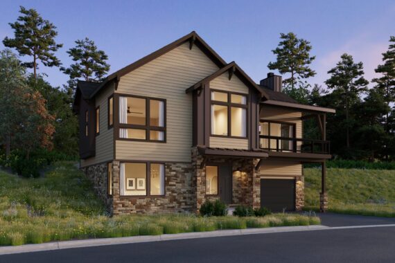 Modern house exterior with stone accents and large windows