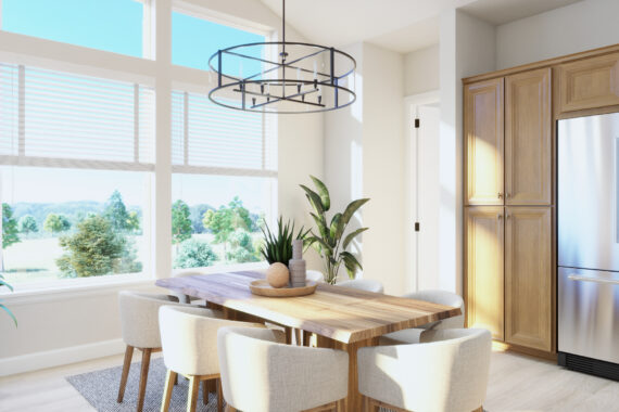 Bright dining room with wooden table and modern decor