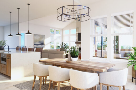 Spacious dining and kitchen area with modern decor.