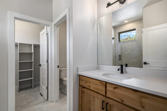 Modern bathroom with a wooden cabinet and walk-in closet