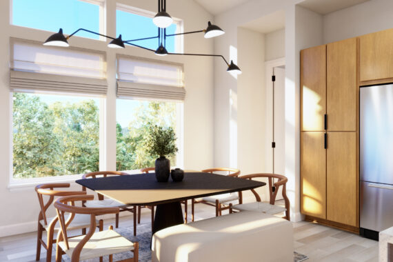 Modern dining room with large windows and wooden furniture