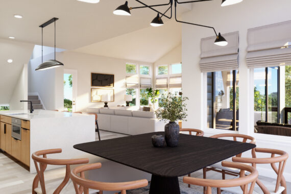 Modern dining and living room with large windows.