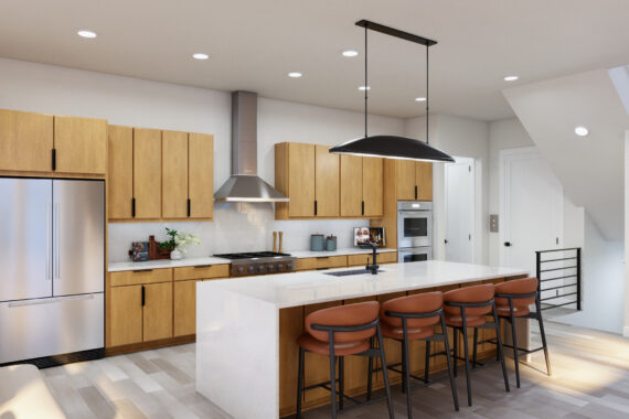 Modern kitchen with wood cabinets, island, and bar stools