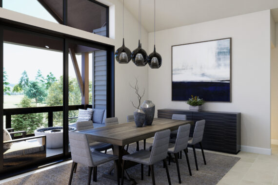 Modern dining room with large windows and abstract art.