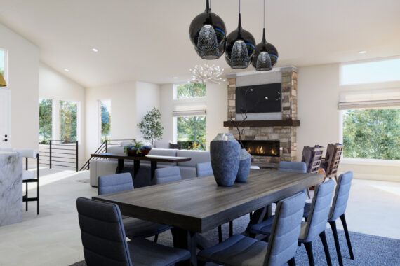 A modern dining room with a large wooden table