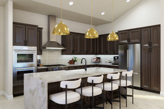 Modern kitchen with dark wood cabinets and marble island