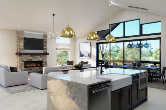 Modern kitchen with island, living room, and large windows