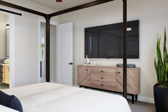 Modern bedroom with TV, dresser, and potted plant