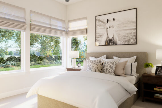 Bright bedroom with window view and horse painting.