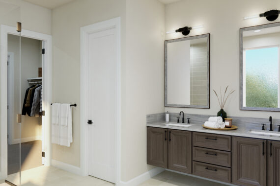 Spacious bathroom with dual sinks and glass shower door