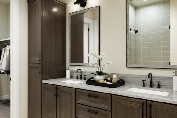 Modern bathroom vanity with double sinks and orchids.