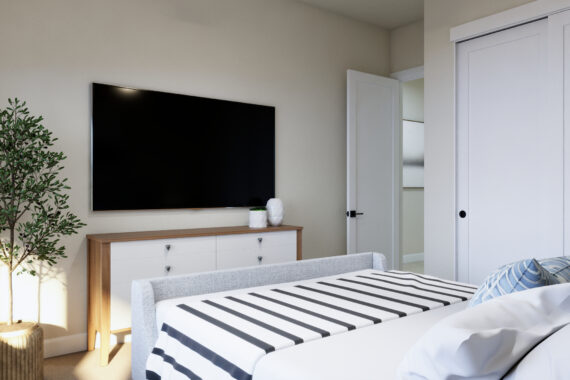 Modern bedroom with TV, dresser, plant, and striped bedding