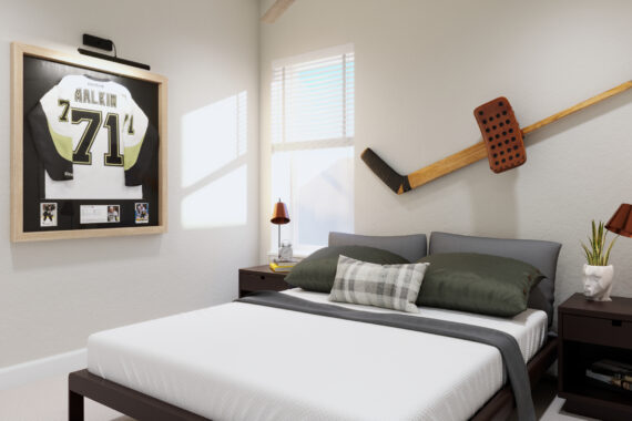 Bedroom with a hockey jersey labeled 