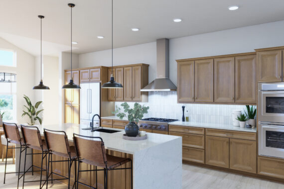 Modern kitchen with wood cabinets and island seating