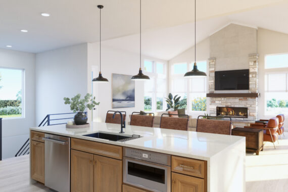 Modern kitchen with island, pendant lights, and living area