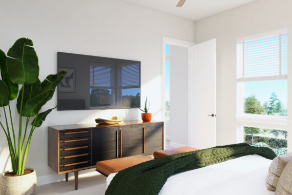 Bedroom with TV, plant, dresser, and large windows.